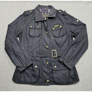 Barbour Jacket Womens 8 Black Waxed Cotton Belted Motorcycle International Moto